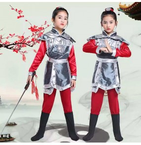 Chinese folk Mulan dance costume girls boys ancient swordsman warrior performance clothes Girls Mulan Peking Opera Ancient soldier performance wear 